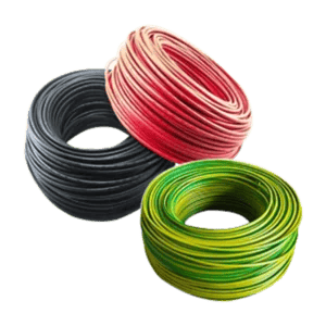 Three coils of electric wires in black, red, and green with yellow stripes, arranged neatly on a white background. Its Called 2.5mm GP Wire Sabs 100m Roll