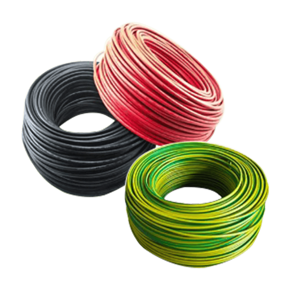 Three coils of electric wires in black, red, and green with yellow stripes, arranged neatly on a white background. Its Called 2.5mm GP Wire Sabs 100m Roll