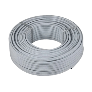 A neatly coiled roll of white wire, several layers thick, resting on a flat surface against a plain background. Its Called 2.5mm Twin & Earth Flat Sabs Cable 100m Roll