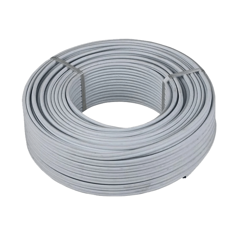 A neatly coiled roll of white wire, several layers thick, resting on a flat surface against a plain background. Its Called 2.5mm Twin & Earth Flat Sabs Cable 100m Roll