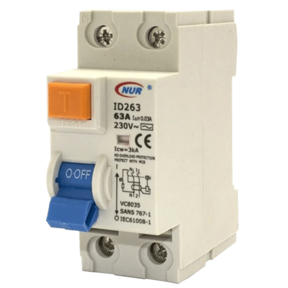 A white NUR ID263 circuit breaker labeled for 63A, 230V with a blue switch and orange test button, designed for electrical safety. Its Called 63AMP Din Rail Earth Leakage 3Ka