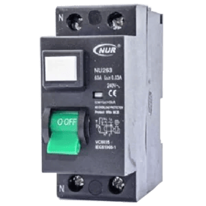 A black NUR circuit breaker with a green switch labeled "ON/OFF," designed for 6A, 30mA electrical protection. Its Called 63amp Samite Rail Earth Leakage 3ka