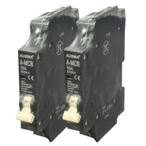 Two 10A miniature circuit breakers (MCBs) labeled "A-MCB" with a black casing and voltage rating, mounted side by side. Its Called Ausma Samite Circuit Breaker.