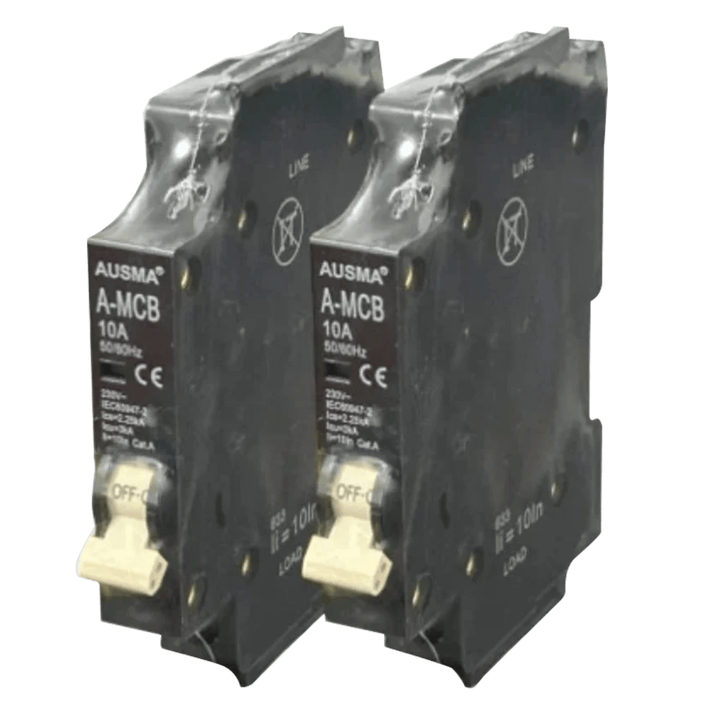 Two 10A miniature circuit breakers (MCBs) labeled "A-MCB" with a black casing and voltage rating, mounted side by side. Its Called Ausma Samite Circuit Breaker.