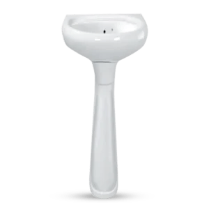 White ceramic pedestal sink with a smooth, round basin and tapered column design, suitable for bathroom installations. Its called Basin And Pedestal