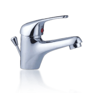 A chrome-plated bathroom faucet with a single lever is shown. The handle is positioned centrally, and theres a red indicator for hot water. The faucets surface reflects light, highlighting its glossy finish against a plain background. Its Called Basin Mixer