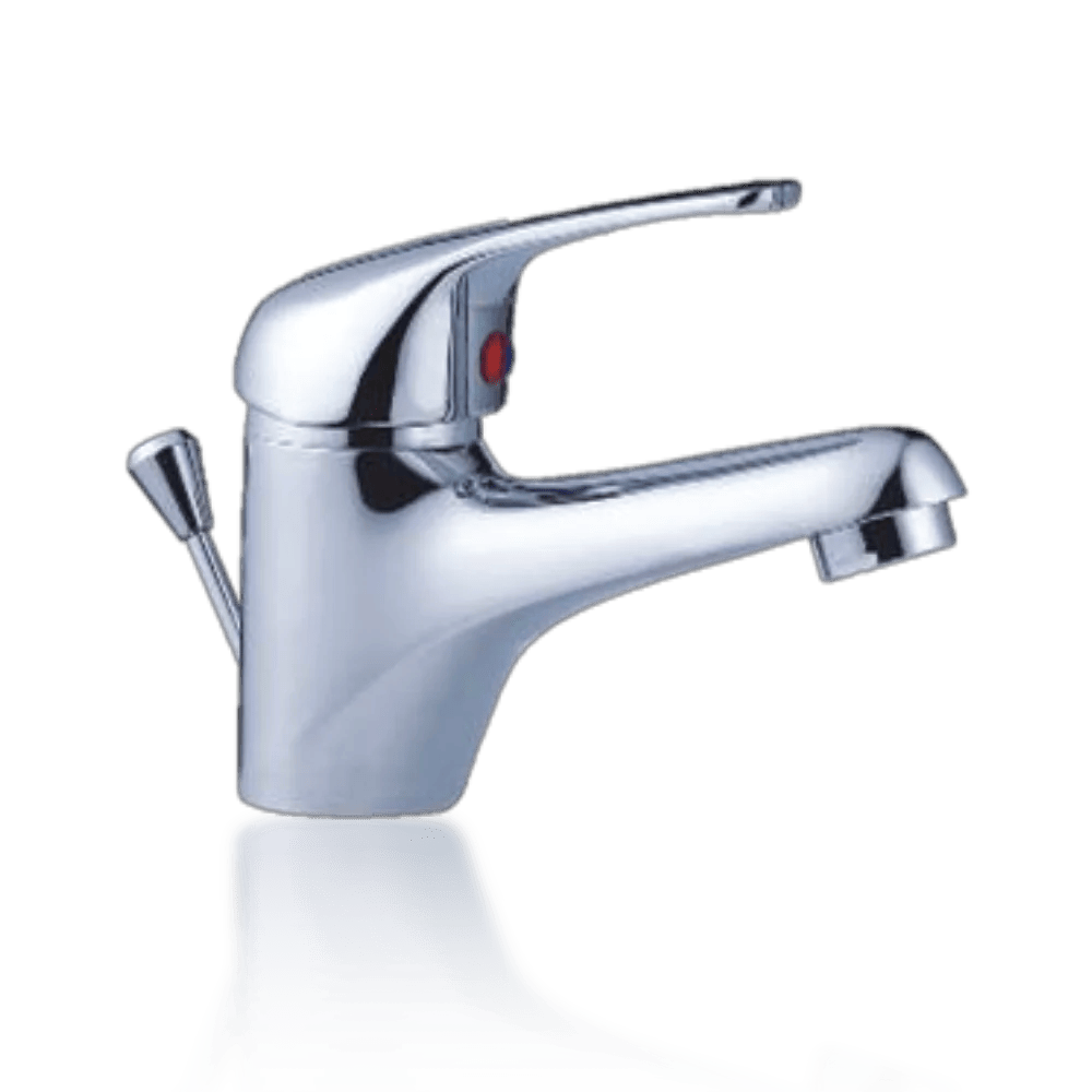 A chrome-plated bathroom faucet with a single lever is shown. The handle is positioned centrally, and theres a red indicator for hot water. The faucets surface reflects light, highlighting its glossy finish against a plain background. Its Called Basin Mixer