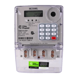 A digital electricity meter with a clear casing displaying 25.00 on an LCD. It features a numeric keypad with a red enter button. Labels indicate Citiq Prepaid and Hexing Electrical Co. Ltd. 2021. Its Called Citiq Hexing Prepaid-Meter