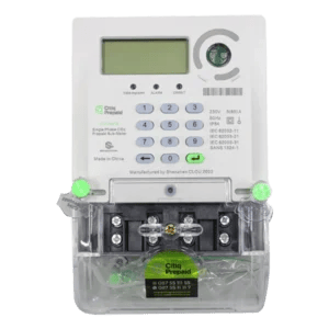 A digital utility meter featuring a numeric keypad, a display screen, and various labels. It has buttons numbered 0-9 and several indicators, housed in a clear plastic casing. Its Called Citiq Hexing Prepaid Sub-Meter