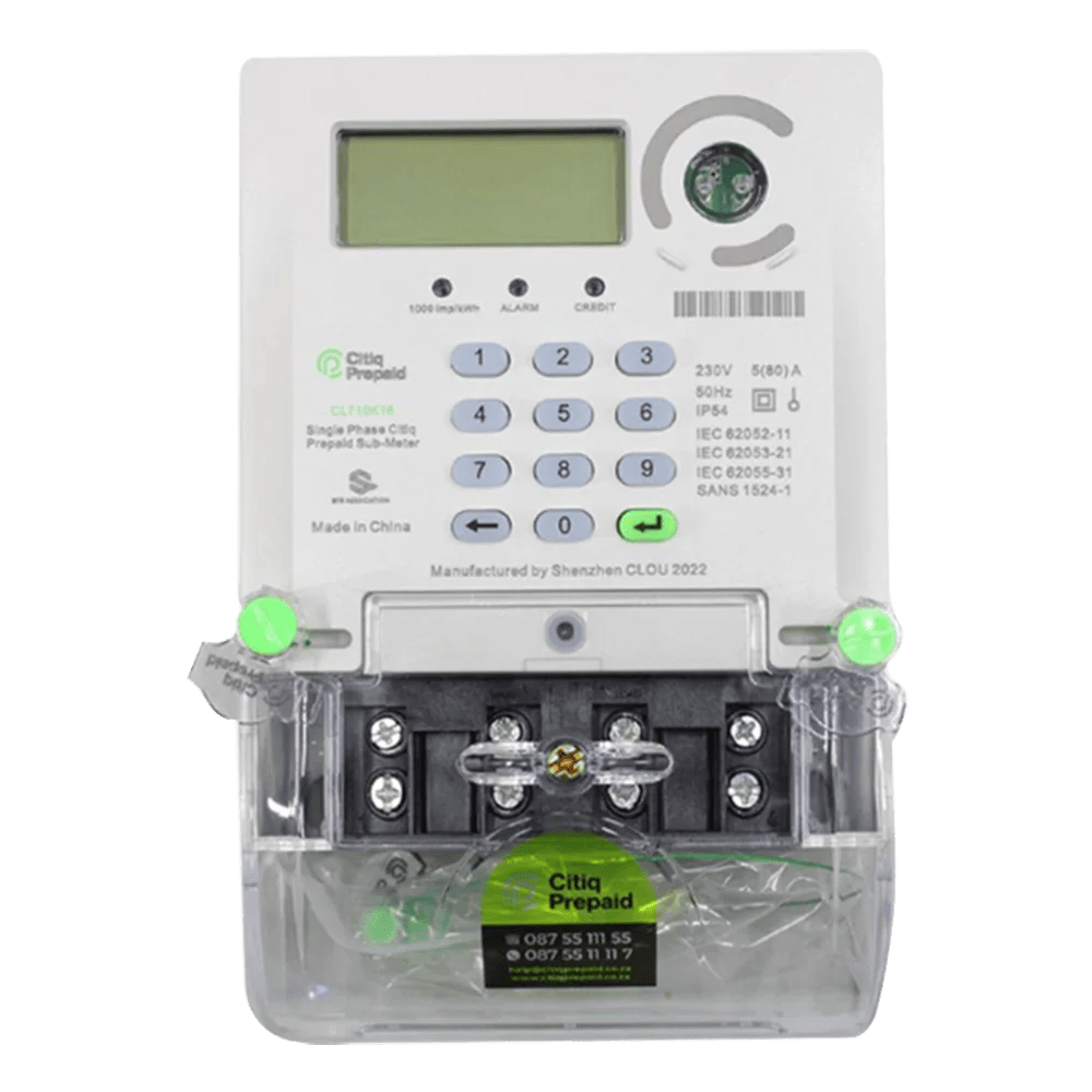 A digital utility meter featuring a numeric keypad, a display screen, and various labels. It has buttons numbered 0-9 and several indicators, housed in a clear plastic casing. Its Called Citiq Hexing Prepaid Sub-Meter