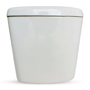 A sleek, modern white toilet with a minimalist design, featuring a smooth surface and a closed lid. Its Called Close Couple Cistern + Mechanism 2 Pieces