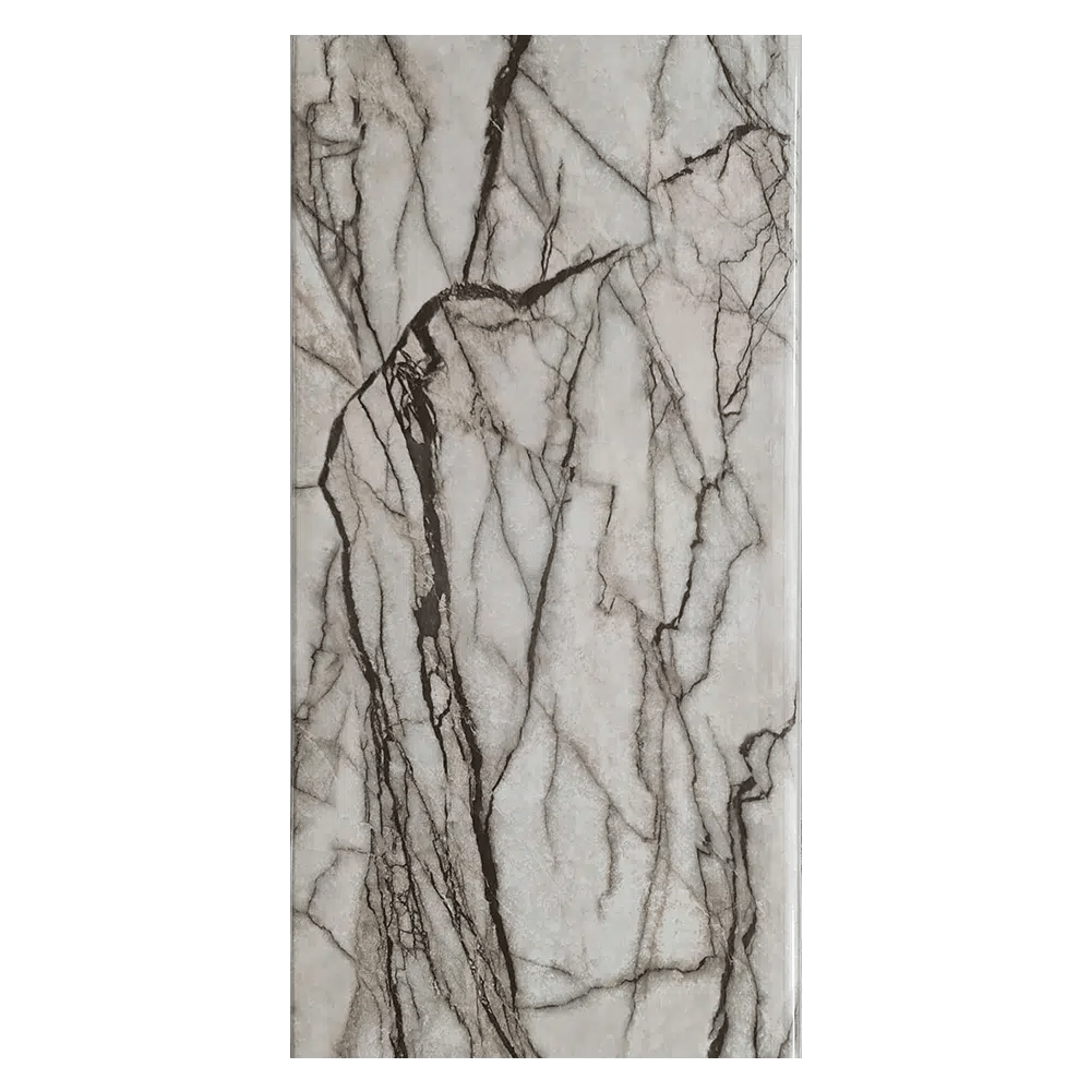 Close-up of a polished white marble slab featuring intricate grey and brown veining, showcasing its natural elegance. PVC Ceiling Panel (16073)