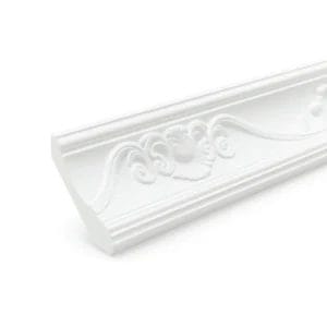 A decorative white wall molding with intricate floral and scroll patterns, featuring a quilted texture along its length. Its Called EPS Pattern Cornice Princess (PLS020)