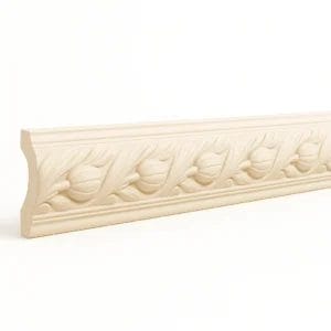 Decorative white molding showcasing intricate carvings, with a curved end piece and a straight section featuring repeating floral patterns. Its Called White PU Cornice Dado Rail