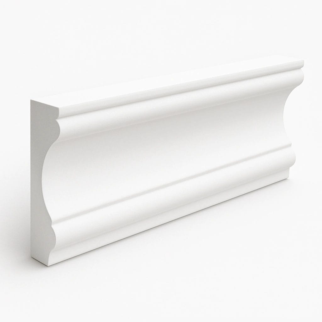 A white, triangular light fixture cover sits beside a flat, rectangular light fixture housing, both designed for ceiling installation. Its Called EPS Plain Cornice 5mmx140mmx2m