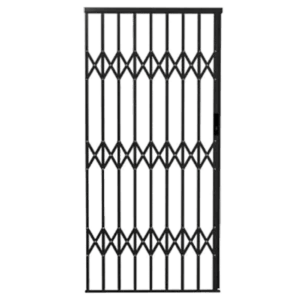 A tall, closed accordion-style metal security gate with a diamond pattern, shown against a plain background. The design features vertical slats with crisscrossing elements for reinforcement.It's Called Expanding Security Aluminium Gate 1.0M*2.1M (ASG1)