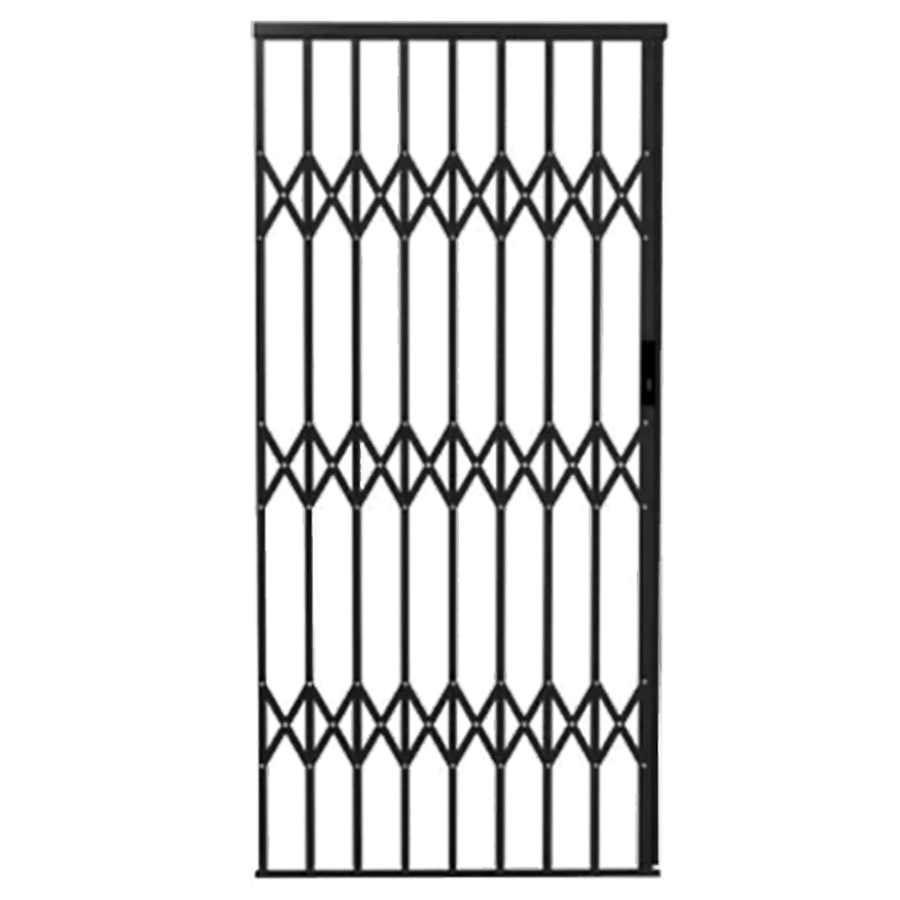 A tall, closed accordion-style metal security gate with a diamond pattern, shown against a plain background. The design features vertical slats with crisscrossing elements for reinforcement.It's Called Expanding Security Aluminium Gate 1.0M*2.1M (ASG1)