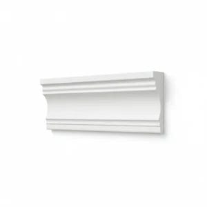 Two white decorative molding pieces: one scalloped design and one simple raised panel, displayed side by side on a black background. Its Called White EPS Plain Cornice 11mmx122mmx2m