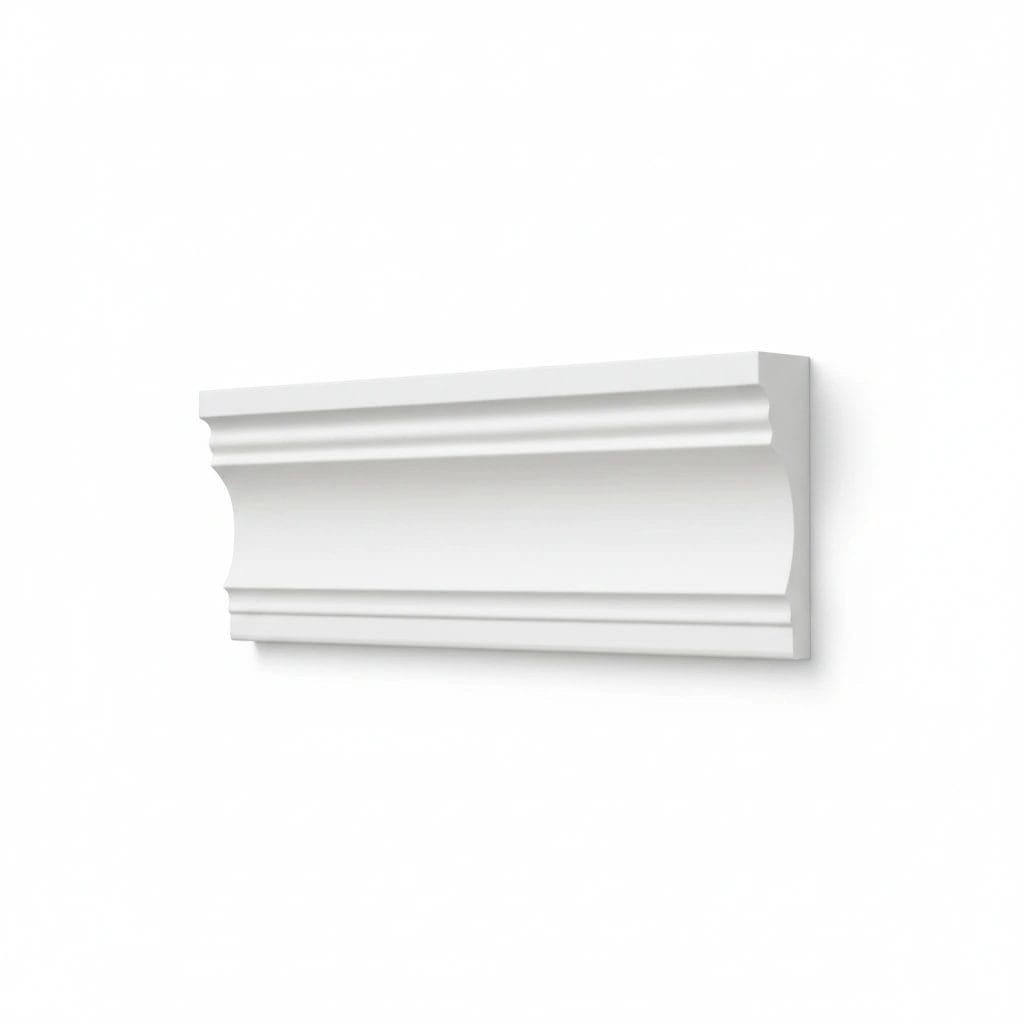 Two white decorative molding pieces: one scalloped design and one simple raised panel, displayed side by side on a black background. Its Called White EPS Plain Cornice 11mmx122mmx2m