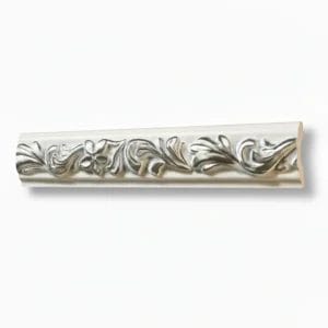 Ornate decorative molding featuring intricate floral patterns in gold and silver tones, displayed in a curved and straight section. Its White and Silver PU Cornice Dado Rail