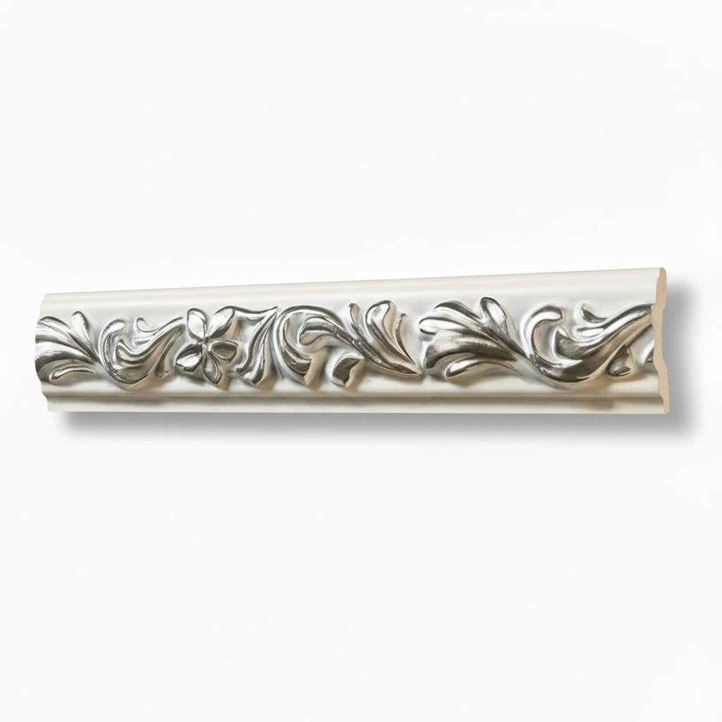 Ornate decorative molding featuring intricate floral patterns in gold and silver tones, displayed in a curved and straight section. Its White and Silver PU Cornice Dado Rail