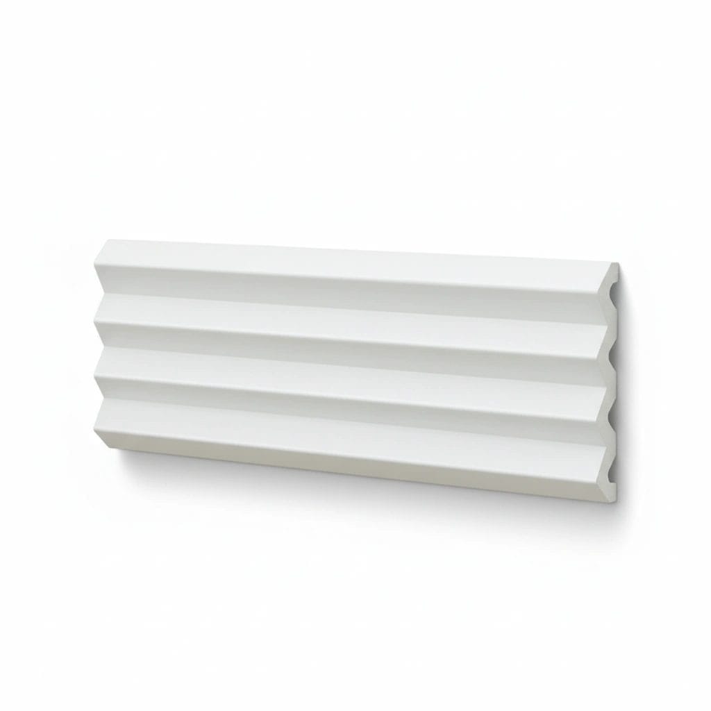 Two white architectural moldings side by side: one with a scalloped design and the other featuring parallel grooves. Its Called EPS Plain Cornice 6mmx140mmx2m
