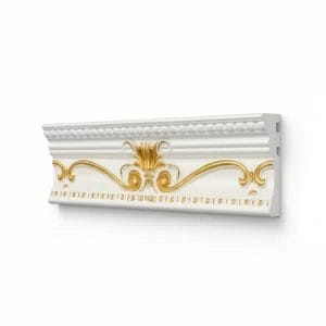 Decorative ceiling frieze featuring elegant golden floral motifs on a white background, with wavy lines and intricate detailing. Its Polystyrene T-Series Cornice White and gold 100mmx2mDecorative ceiling frieze featuring elegant golden floral motifs on a white background, with wavy lines and intricate detailing. Its Polystyrene T-Series Cornice White and gold 100mmx2m