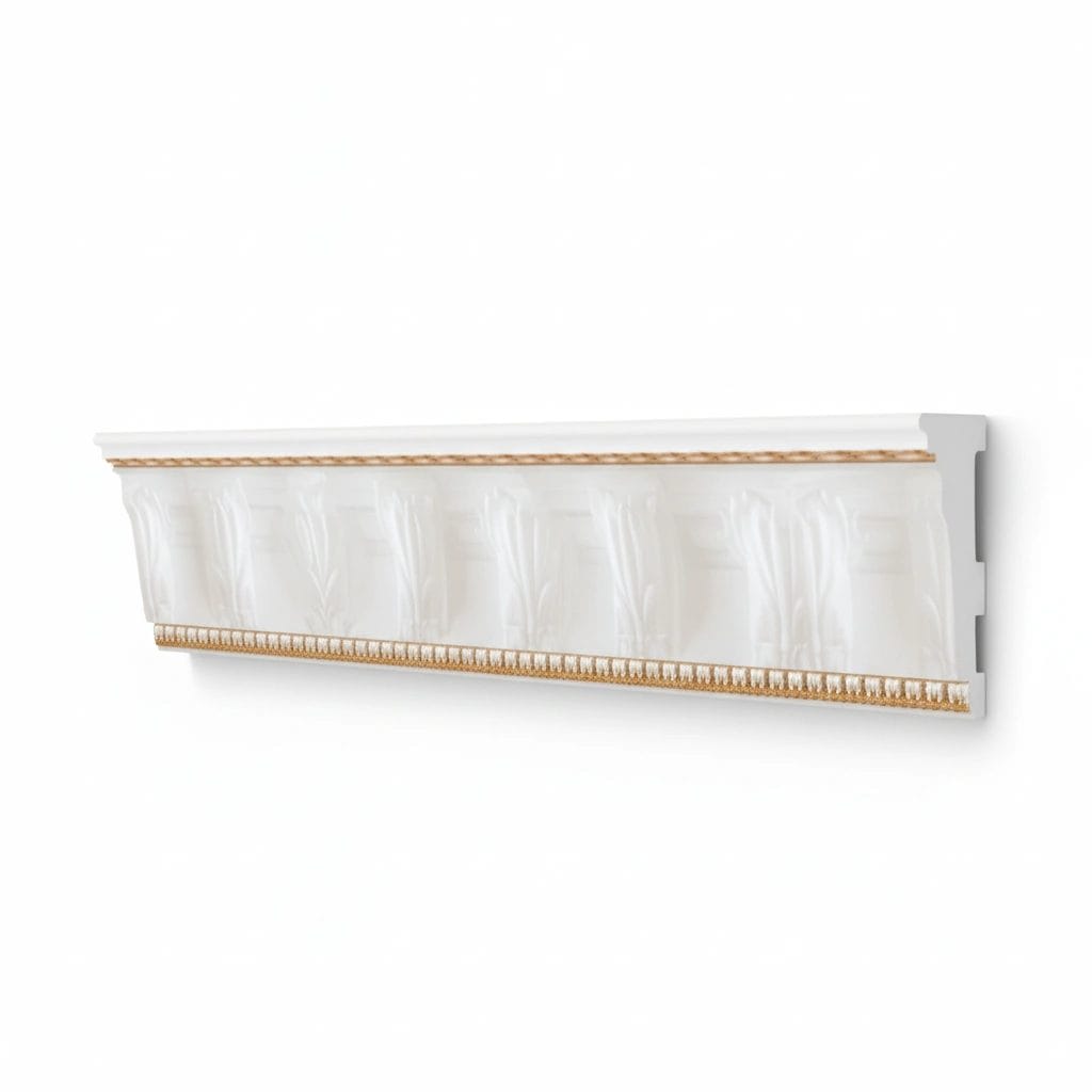 A decorative ribbon with a translucent, glossy finish, featuring a series of evenly spaced light-colored designs along its length. Polystyrene T-Series Cornice White and Gold 100mmx2m
