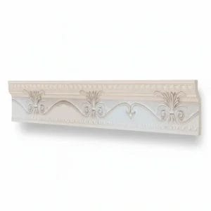 Ornate plaster crown molding featuring scrollwork and floral motifs, showcasing a delicate and elegant design. Its Called Polystyrene T-Series Cornice White and Sliver 100mmx2m
