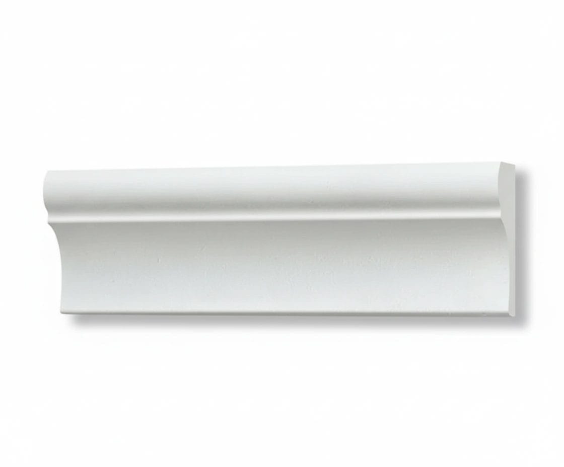 Two white crown moldings: one with a curved profile and the other with a flat edge, showcasing their different designs. Its Called EPS Plain Cornice 11mmx125mmx2m