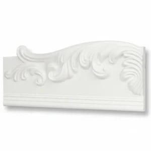 Two views of ornate white decorative molding featuring intricate scrollwork and a shell motif, showcasing elegant craftsmanship. Its Called EPS Pattern Cornice 103mmx2m