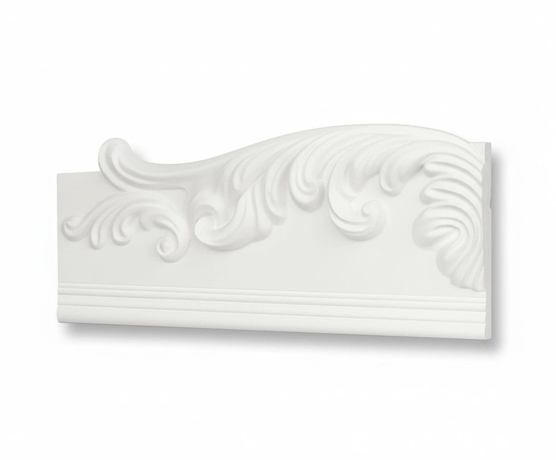 Two views of ornate white decorative molding featuring intricate scrollwork and a shell motif, showcasing elegant craftsmanship. Its Called EPS Pattern Cornice 103mmx2m