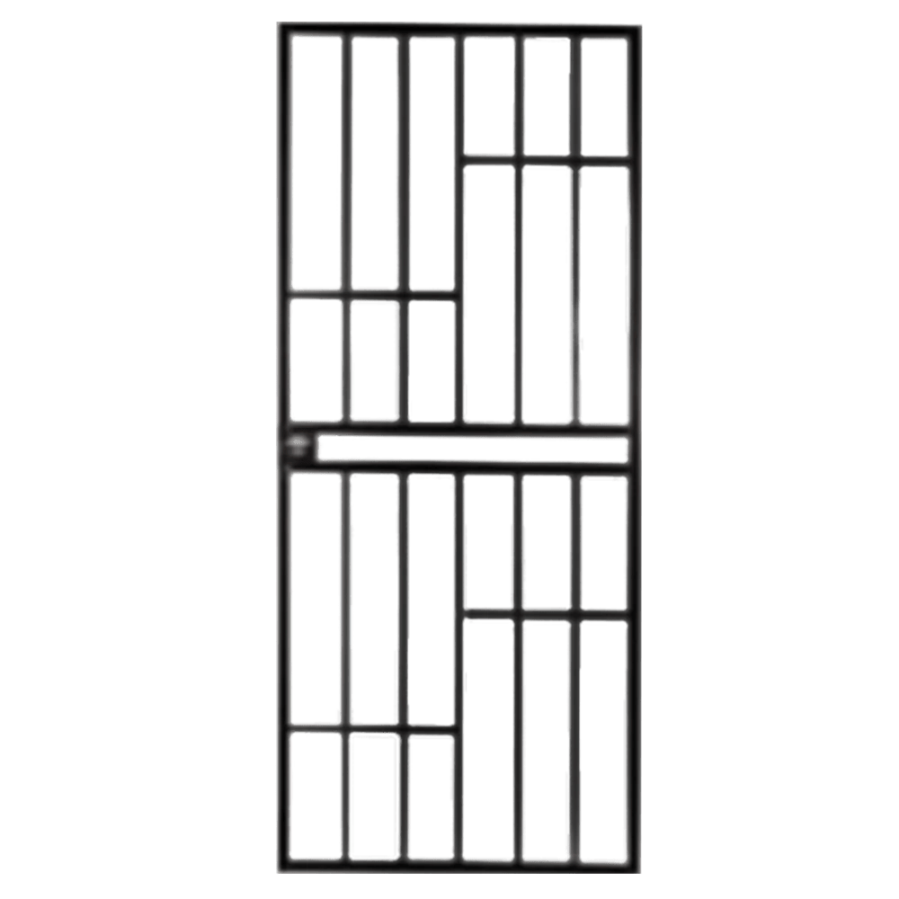A black metal security door with a grid design of vertical and horizontal bars, creating rectangular and square patterns. A handle is visible on the left side. Its Called Security Steel Gate Square Tube With Lock Box Included