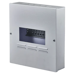 White electrical distribution box with a transparent window showcasing multiple circuit breakers inside. its called Surface DB Board 8way Samite