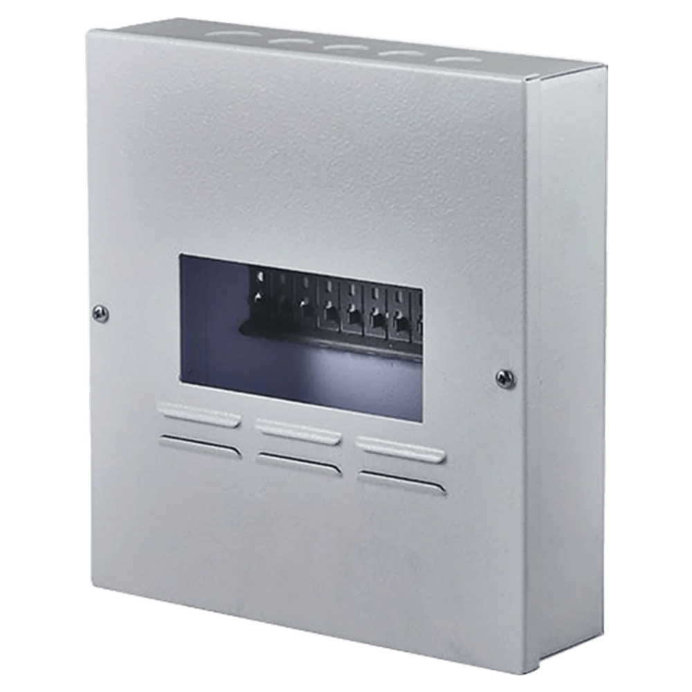 White electrical distribution box with a transparent window showcasing multiple circuit breakers inside. its called Surface DB Board 8way Samite