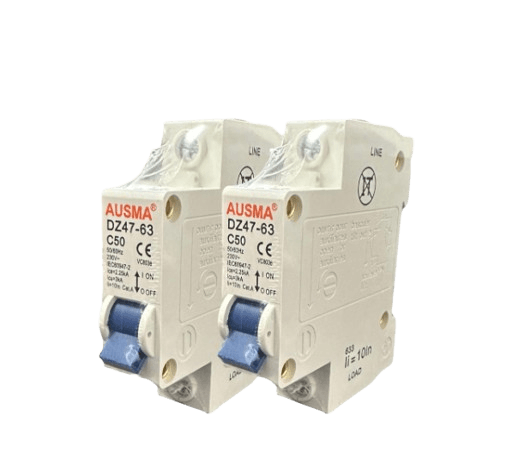Two AUSMA DZ47-63 circuit breakers, labeled C50, on a white background, designed for electrical safety and overload protection. Its Called White Ausma Din Circuit Breaker