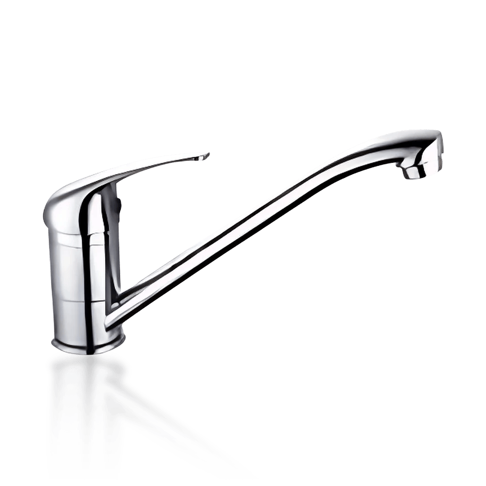 Modern chrome kitchen faucet with a sleek, elongated spout and a reflective surface, showcasing minimalist design and elegance. Its Called Sliver Sink Mixer Deck Type With Lever Handle