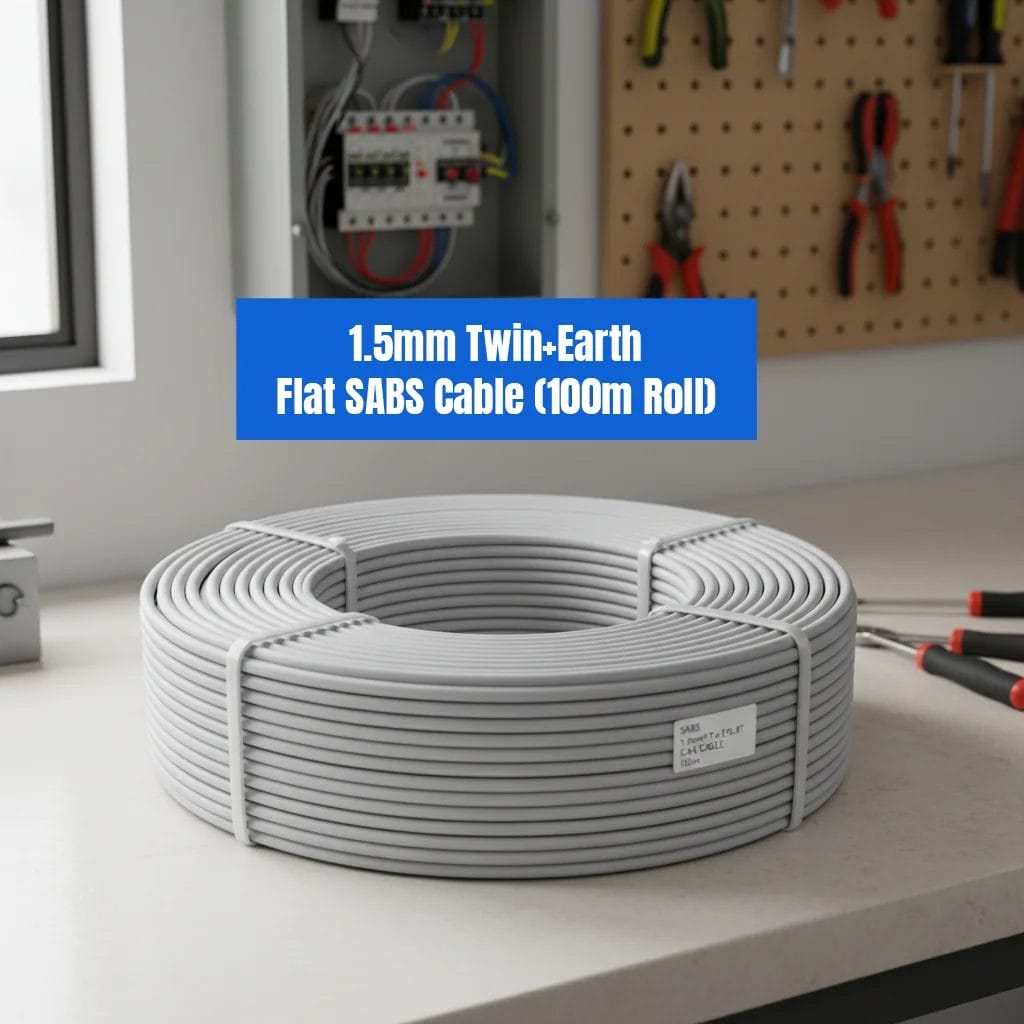 A neatly coiled roll of white electrical wire, showcasing its smooth texture and uniform thickness. 2.5mm Twin & Earth Flat Budget Cable (100M Roll)