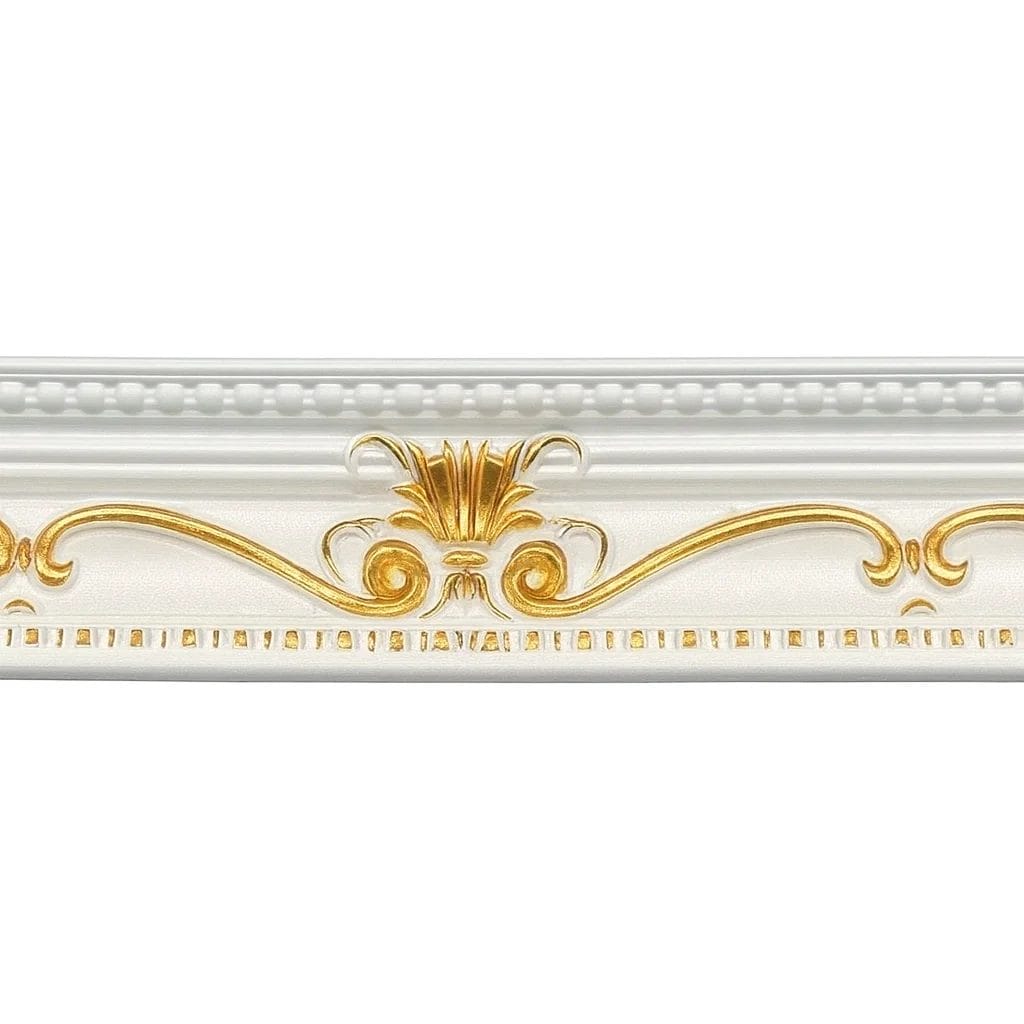 Decorative ceiling frieze featuring elegant golden floral motifs on a white background, with wavy lines and intricate detailing. Its Polystyrene T-Series Cornice White and gold 100mmx2mDecorative ceiling frieze featuring elegant golden floral motifs on a white background, with wavy lines and intricate detailing. Its Polystyrene T-Series Cornice White and gold 100mmx2m