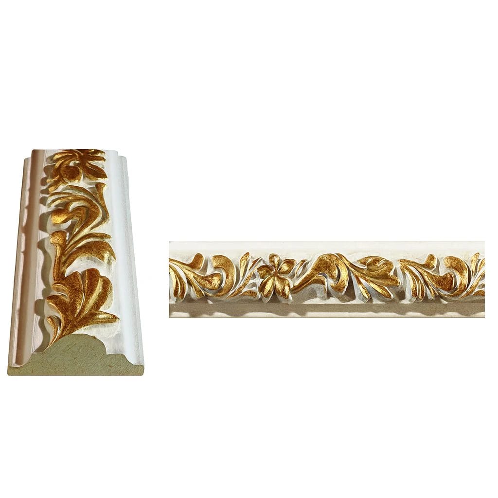 Ornate decorative molding featuring intricate floral designs in gold on a white background, showcasing elegance and craftsmanship. Its White And Gold PU Cornice Dado Rail