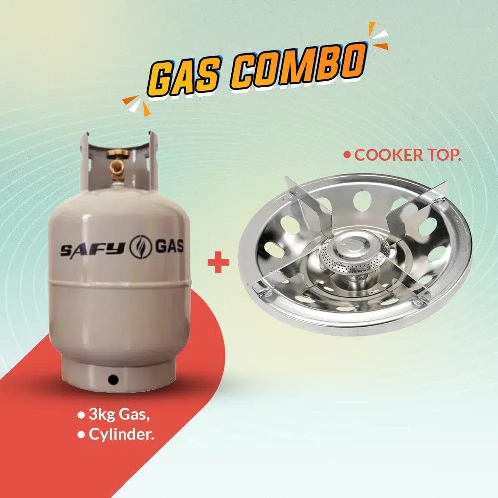 A gas combo featuring a 3kg SAFETY gas cylinder alongside a shiny cooker top, promoting efficient cooking solutions. Its Called 3kg Gas With Cylinder And Cooker Top