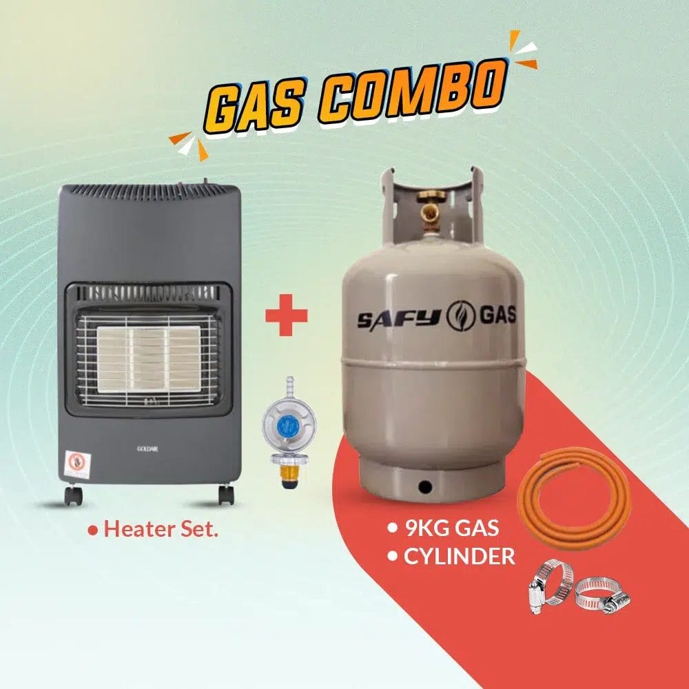 Featuring a 9kg Gas and Cylinder with Heater Set , a gas regulator, a 9kg gas cylinder, and connecting hoses on a colorful background.