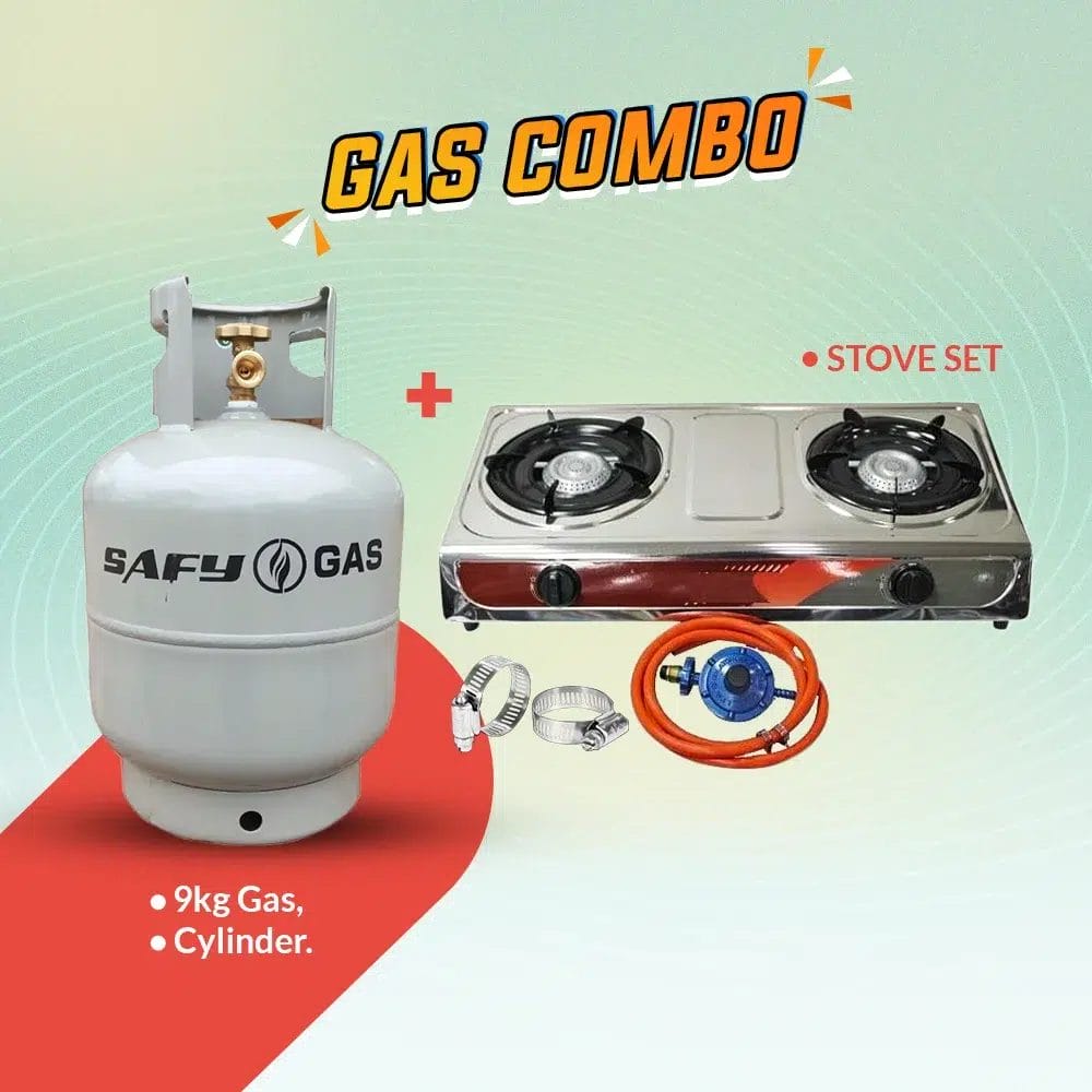Image of a gas combo featuring a 9kg gas cylinder labeled "SAFY GAS" alongside a two-burner stove set and connecting accessories. Its Called 9kg Gas and Cylinder with Stove Set Combo!