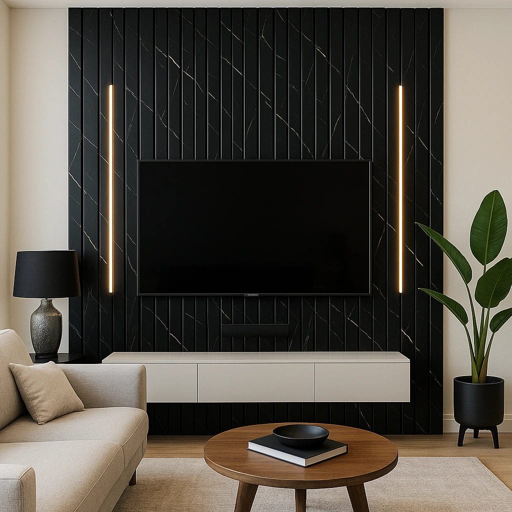 A bundle of black, cylindrical, hollow plastic pipes with a smooth, shiny surface, standing upright at various angles against a plain background. The pipes have subtle, faint lines running along their length. Its Called WallPanel Charcoal Spectre