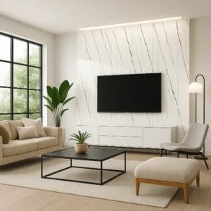 Five white paper straws with a subtle black stripe design, stacked in a slight diagonal arrangement. Its Called 20mmx160mmx2.9m WallPanel White Enigma