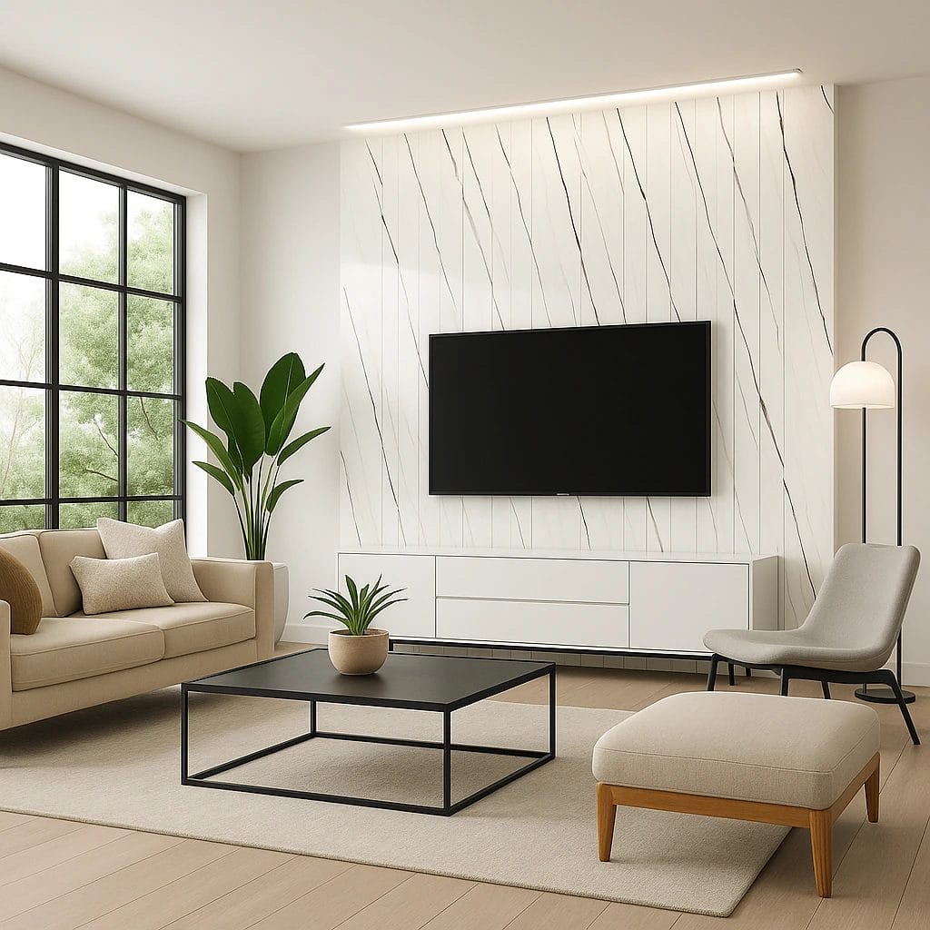 Five white paper straws with a subtle black stripe design, stacked in a slight diagonal arrangement. Its Called 20mmx160mmx2.9m WallPanel White Enigma