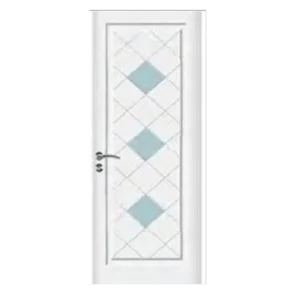 A white door with a frosted glass panel featuring a pattern of blue diamond shapes arranged vertically. The door has a silver handle on the left side. Its Called Single Heavy Duty PVC Door With Glass Emerald Panel