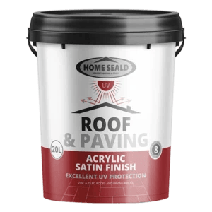 A white plastic bucket of Home Seald Roof & Paving Acrylic Satin roof paint Finish, featuring UV protection. The bucket has a black lid and red accents, and it contains 20L of product.