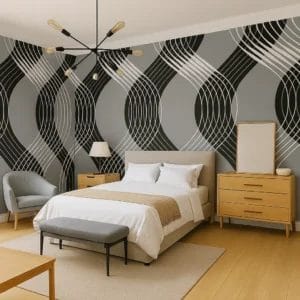 Abstract pattern with wavy black and white lines on a gray background, creating an interwoven, lattice-like design.Geometric Waves Curve Peel and Stick 3D WallPaper