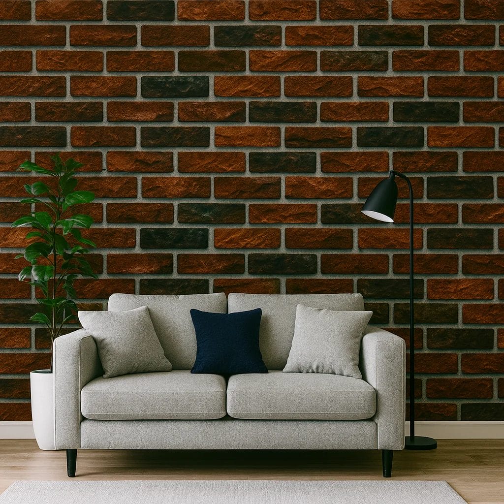 A pattern of rectangular bricks in various shades of brown and dark red, arranged in a staggered horizontal layout. The surface of the bricks has a textured appearance, and the mortar between them is light gray. Its Called Brick Design 3D WallPaper - 530mm x 10m